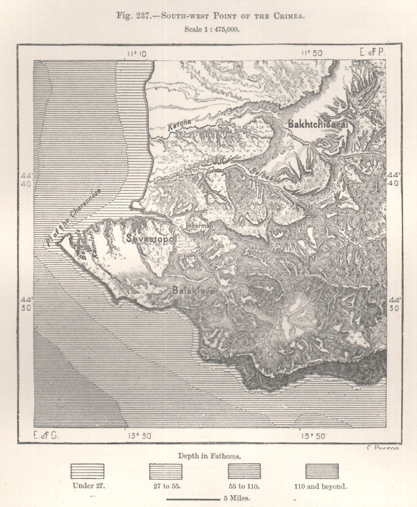 South-West Point of the Crimea. Sevastopol. Ukraine. Sketch map 1885 old